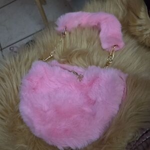 Plush Pink Faux Fur Handbag with Gold Chain